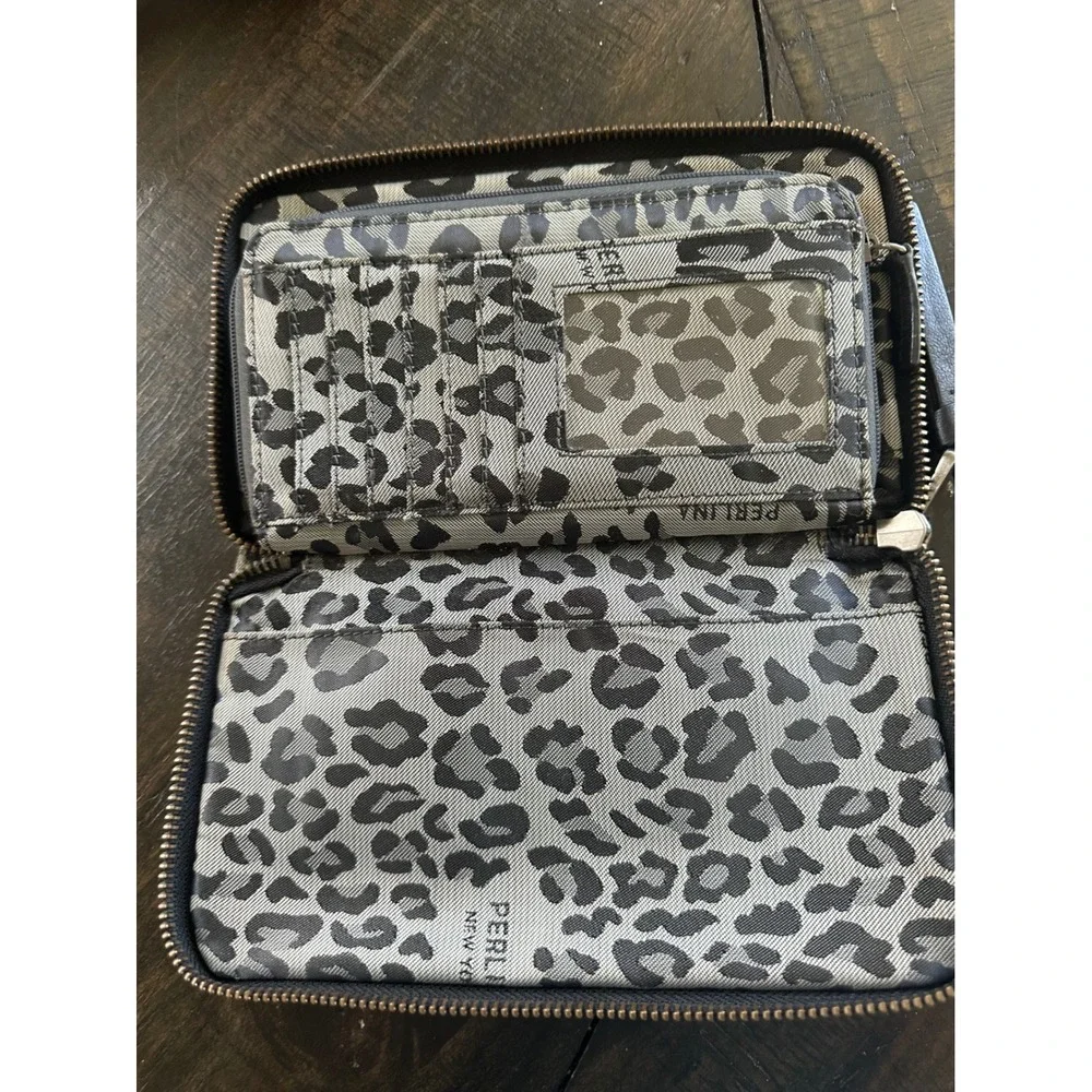 Perlina New York Black Leather Studded Zip Around Wallet Leopard Print Interior